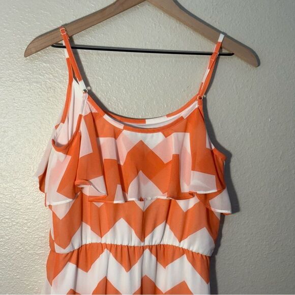 Maxi Sundress Chevron Print Women’s Medium Orange White Spaghetti Straps. - Picture 7 of 12